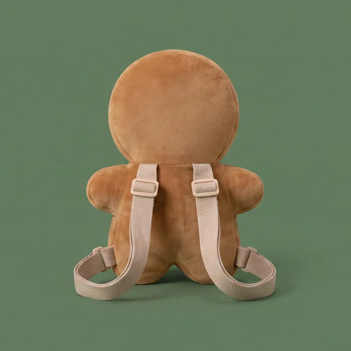 Back of gingerbread baby head protector showing adjustable shoulder straps