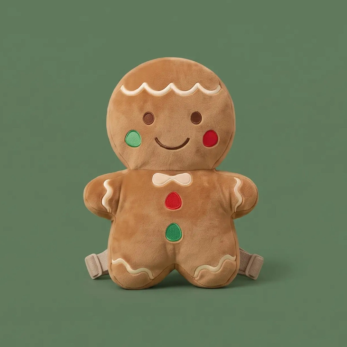 Jingle Bubs gingerbread baby head protector backpack with embroidered icing and buttons