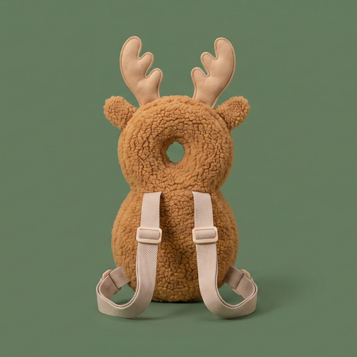 Back of reindeer baby head protector showing adjustable shoulder straps