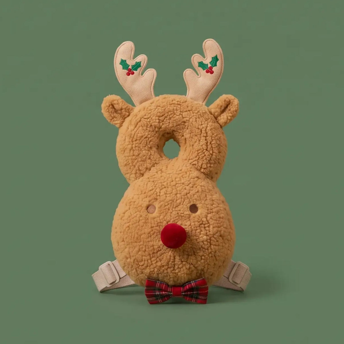 Jingle Bubs reindeer baby head protector backpack with antlers, red nose and tartan bow tie