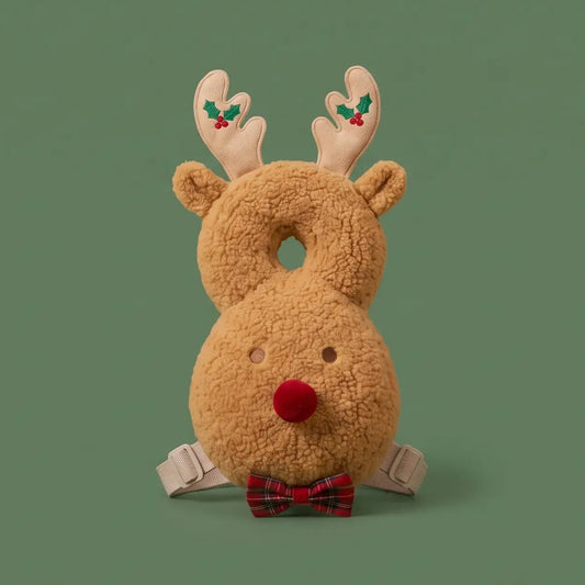 Jingle Bubs reindeer baby head protector backpack with antlers, red nose and tartan bow tie