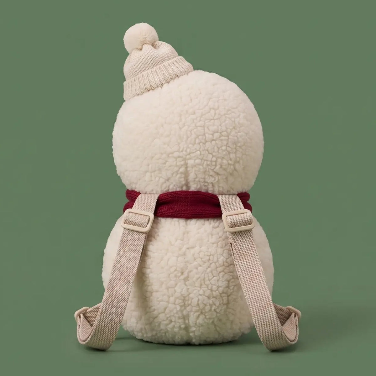 Back of snowman baby head protector showing adjustable shoulder straps